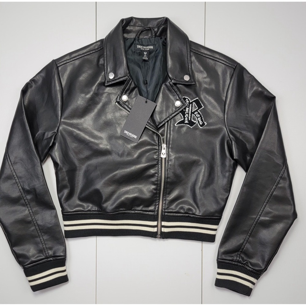 True Religion Size S Womens Black Moto Bomber Jacket Full Zip Embroidered New